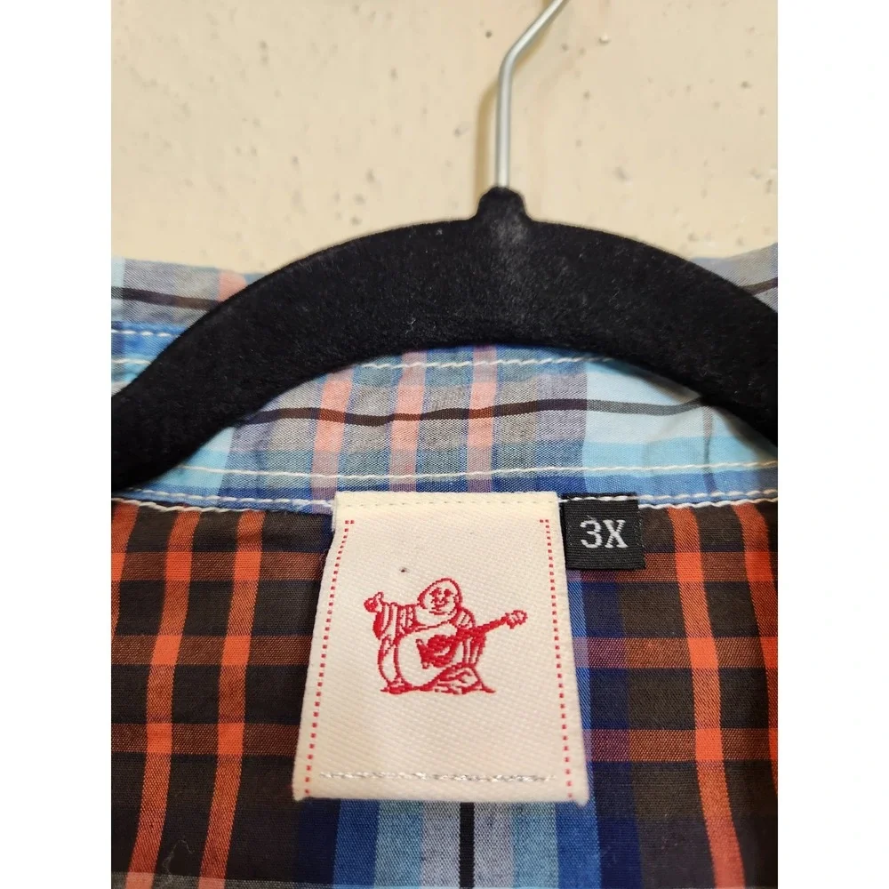True Religion Western Shirt‎ 3X Blue Orange Plaid Contrast Stitch Long Sleeve